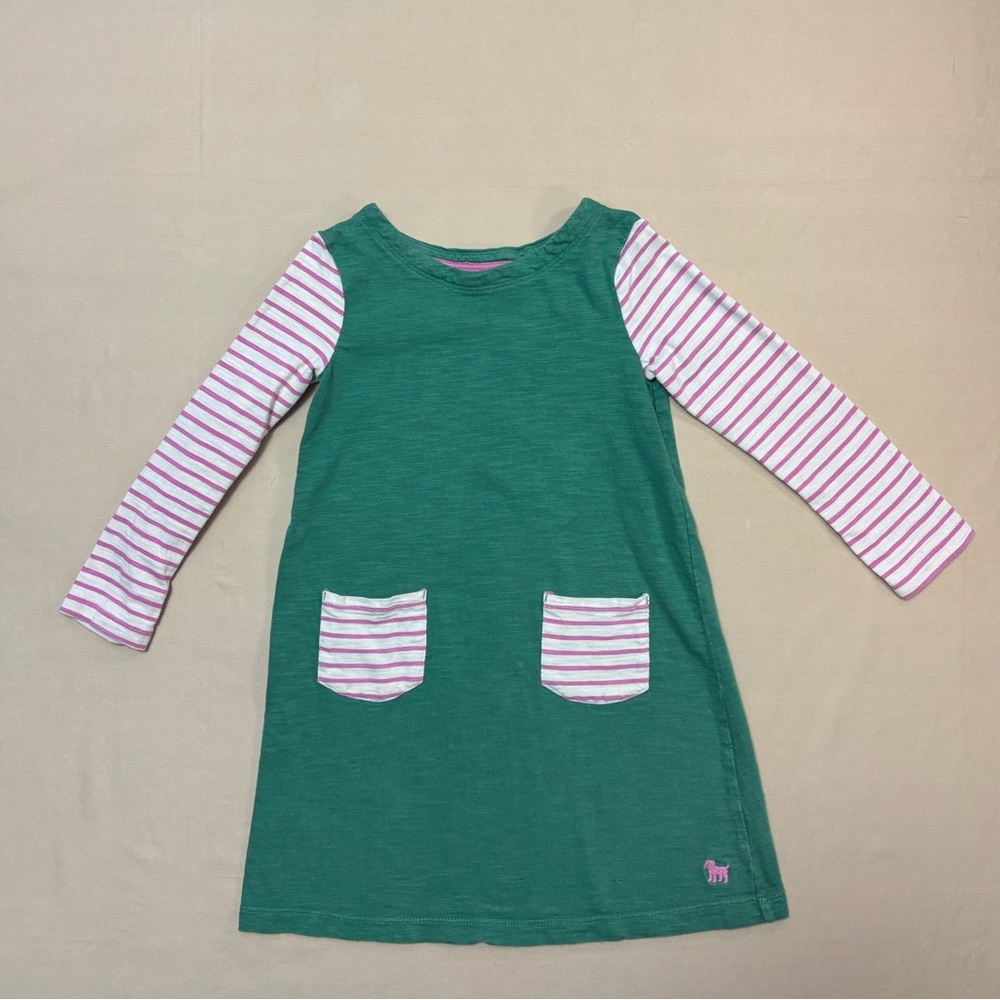 Mini Boden Girls Green Dress with Pink Striped Sleeves + Pockets Size 6-7 Small